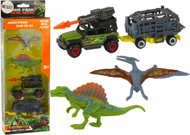 Set cu dinozauri cu mașină, lansator de rachete și remorcă cu cușcă