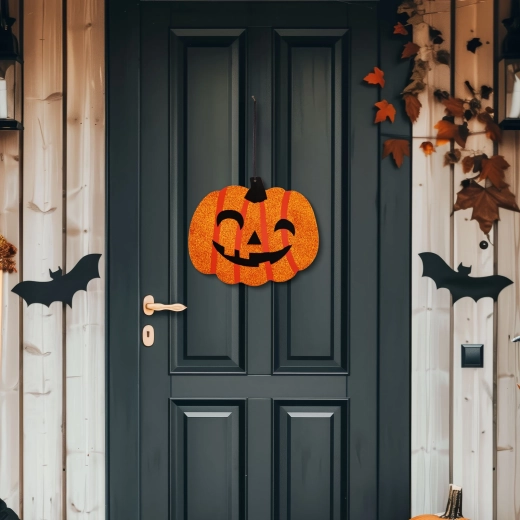 Decorațiune de Halloween suspendată, în formă de dovleac, din lemn, 30 × 25 cm
