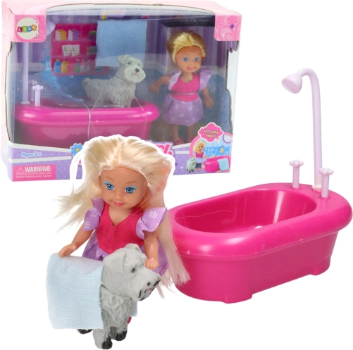 Mini set cu păpușă, cadă și cățel alb
