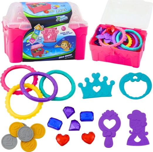 Cufăr cu comori pentru scufundări în apă, roz, 21 piese