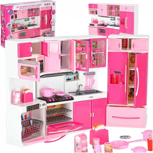 Bucătărie din plastic pentru păpuși, 4 module cu lumini LED și sunete, 48 cm