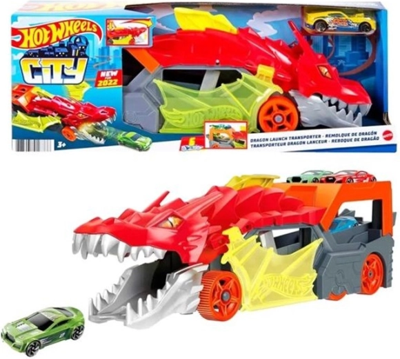 Hot Wheels City transportor cu lansator de mașini-dragon