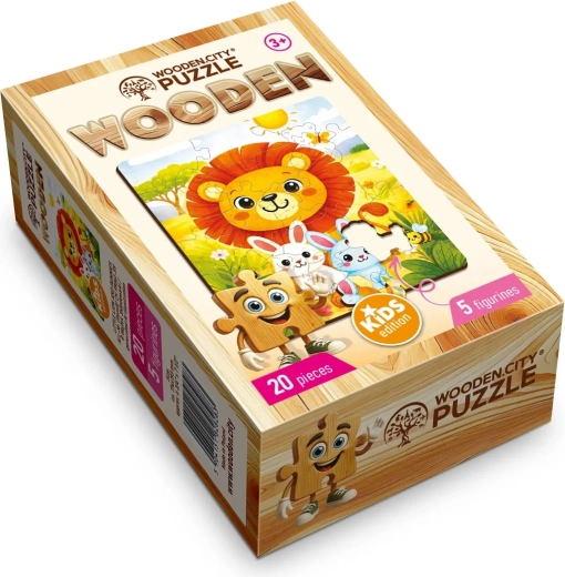 Puzzle din lemn WOODEN CITY Micul leu cu iepurași, 20 de piese