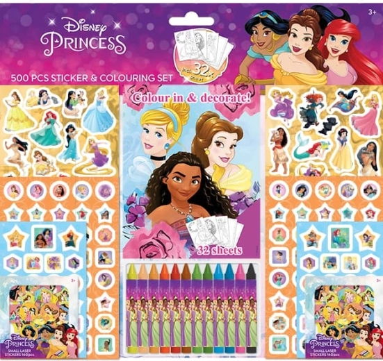 Set de autocolante Disney Prințese cu cărți de colorat și creioane cerate (500 buc.)