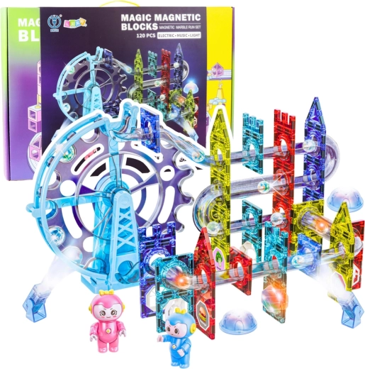 Set de piste cu bile magnetic din cuburi magnetice, luminos, 120 piese