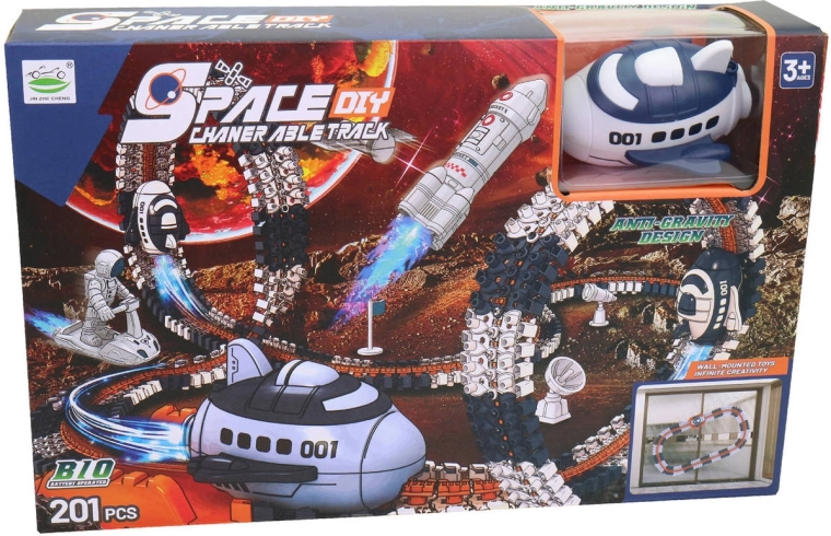 MaDe pistă spațială pe perete cu ventuze – set de construcție cu navetă spațială și astronaut pe baterii (201 piese)