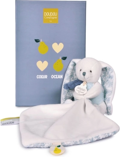 Doudou set cadou iepuraș de pluș cu păturică 10 cm, albastru