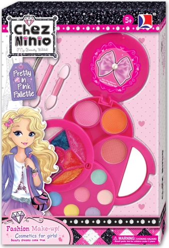 set cosmetic pentru copii 5+ trusă roz cu farduri de ochi, glossuri, oglindă și accesorii