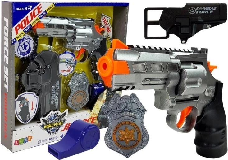 Set de poliție cu revolver de 20 cm, insignă, toc și fluier cu lumină și sunet