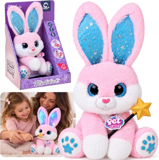 Iepuraș interactiv de pluș roz 30 cm – dansează, luminează și cântă cu bagheta magică - 1 bucată