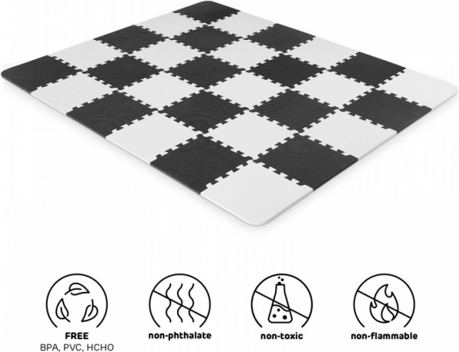 Covor din spumă KINDERKRAFT Luno, alb-negru, 30 piese (29,5 × 29,5 cm)