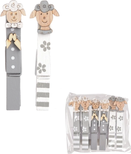 Clemuțe decorative din lemn cu motiv de oiță 9 cm, 6 buc.