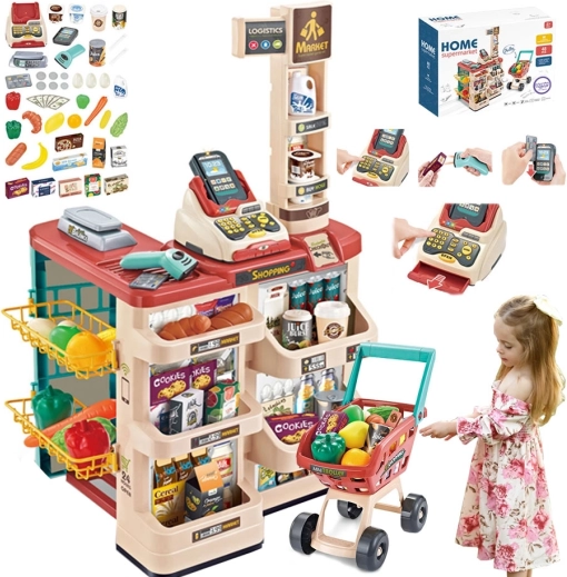 supermarket pentru copii cu cărucior de cumpărături, casă de marcat, cântar și scanner WOOPIE (48 accesorii)
