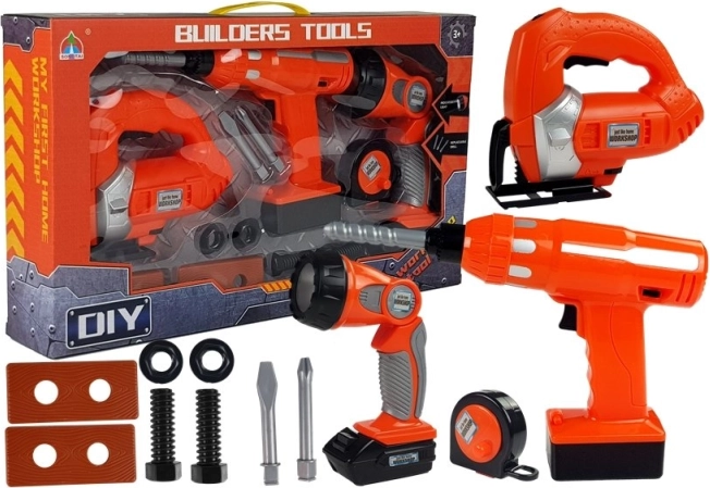 Set de unelte pentru copii cu bormașină cu acumulator, ferăstrău pendular și lanternă – 12 piese