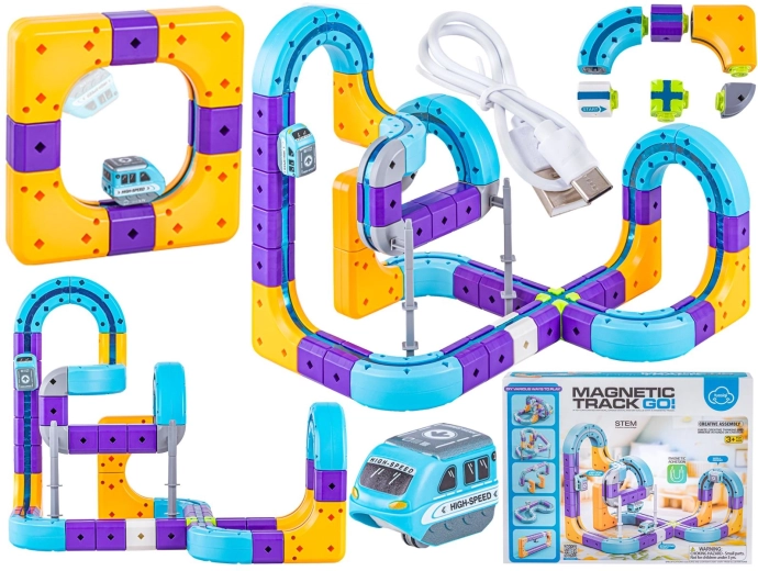 Set de construcție magnetic cu pistă auto și pistă pentru tren, cu prindere magnetică – 87 piese