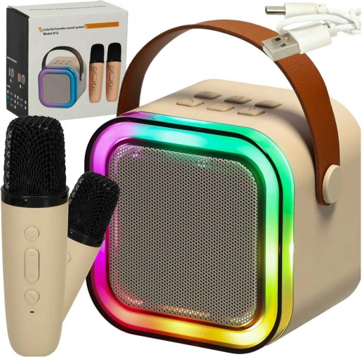Set karaoke cu difuzor bluetooth, 2 microfoane și iluminare LED 6 W – bej