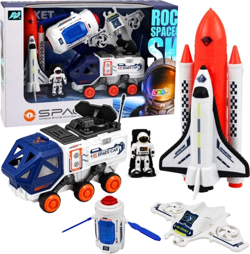 Set cosmic cu rachetă, navetă spațială, satelit, dronă, astronaut și vehicul