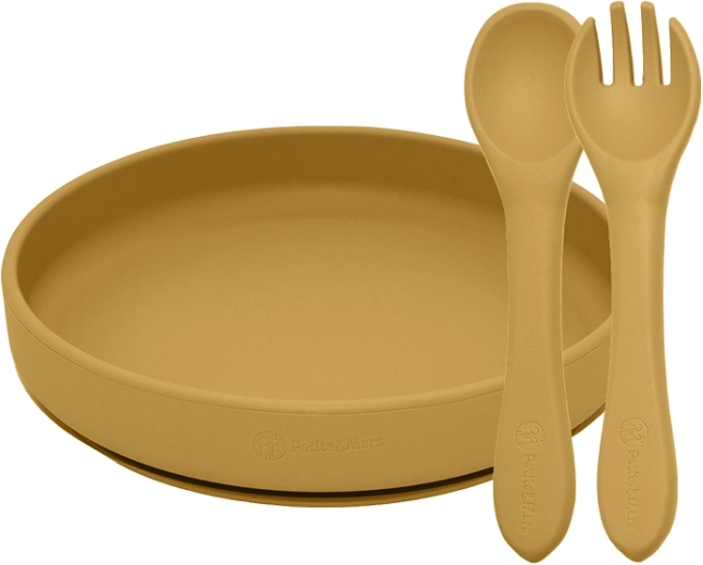 Set de masă din silicon Petite&Mars Take&Match: farfurie și tacâmuri, intense ochre, 6m+