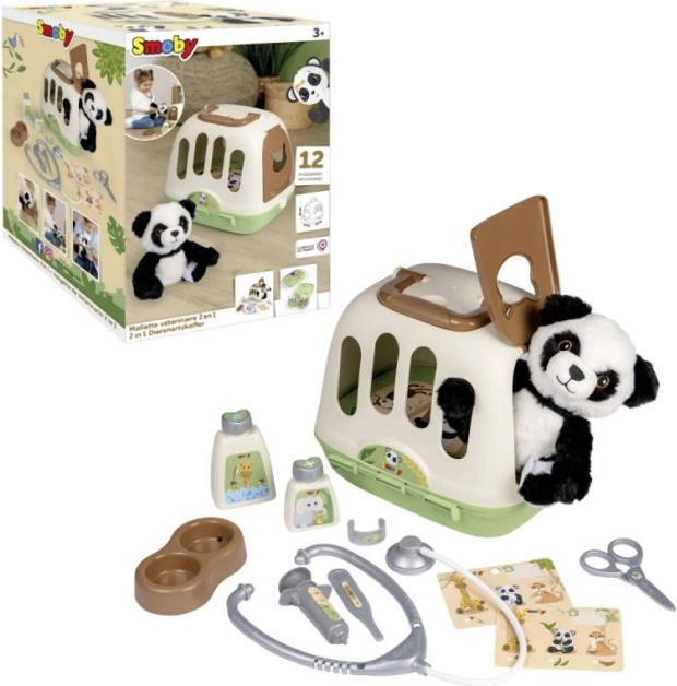 Set veterinar pentru copii 2 în 1 cu panda de pluș și cutie de transport