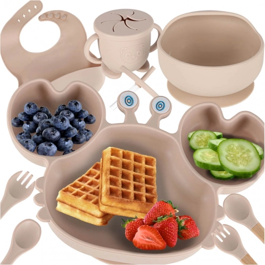 Set de masă din silicon pentru copii cu crab, 9 piese, bej