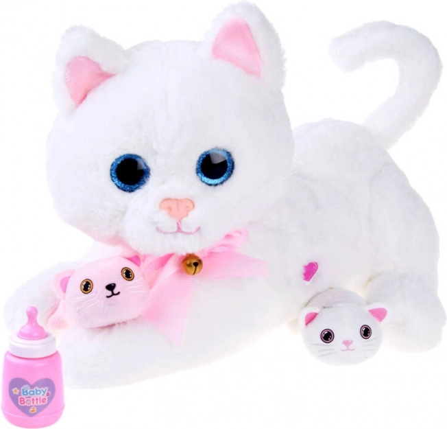 Pisică interactivă de pluș cu pisoiași și biberon – Albă