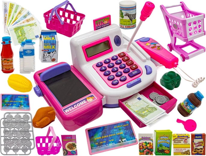 Casă de marcat educativă pentru copii, de jucărie, cu calculator, microfon și accesorii