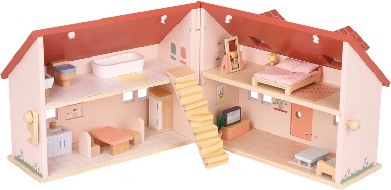 Căsuță din lemn pliabilă pentru păpuși cu mobilier