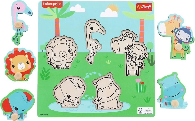 Puzzle din lemn FISHER-PRICE cu butoni, 5 piese
