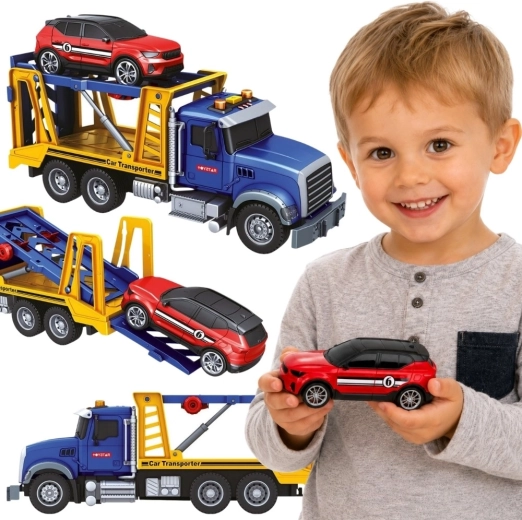 Camion de remorcare Woopie cu transportor și mașină cu lumini și sunete, scara 1:14