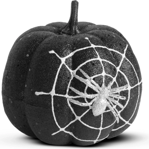 Decorațiune de Halloween în formă de dovleac cu păianjen și sclipici negru, 15 cm