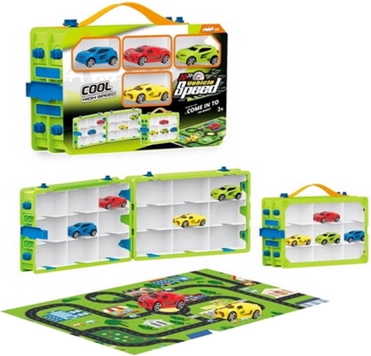 Set de mașinuțe cu valiză și covoraș de joacă