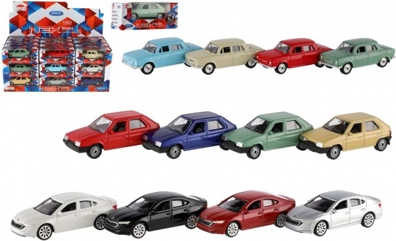 Mașinuță model Škoda 1:60 de la Welly, metal și plastic, 7 cm, rulare liberă, mix de culori în cutie