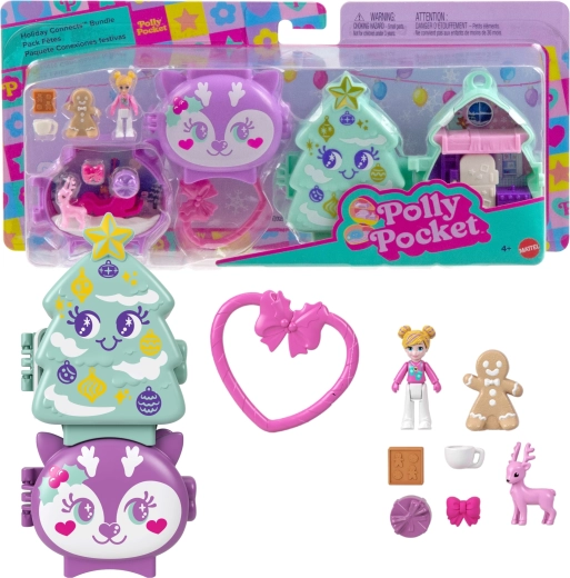 Mattel Polly Pocket set de joacă compact de Crăciun interconectabil Holiday Connects, brad și ren – 2 buc.