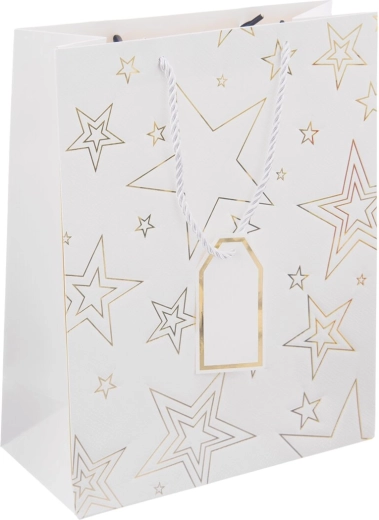 Pungă cadou din hârtie cu motiv de stea, albă, 26 × 12 × 32 cm