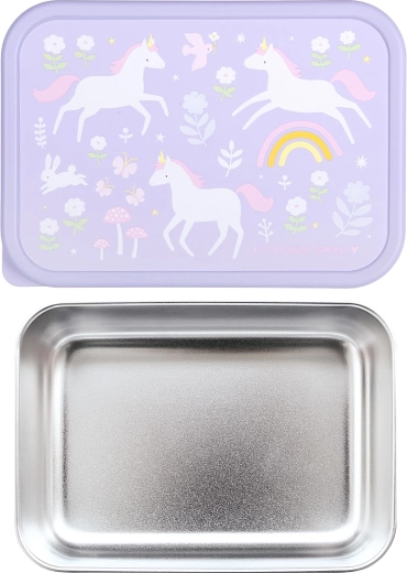 A Little Lovely Company cutie de prânz din inox cu capac din plastic – unicorni și curcubeu