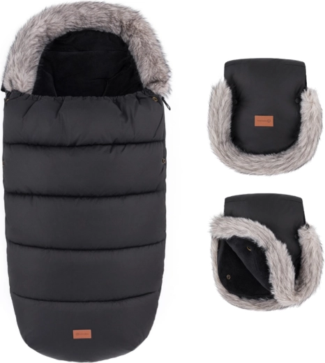 Petite&Mars set de iarnă: sac de iarnă Comfy 4în1 și mănuși pentru cărucior Furry forever black