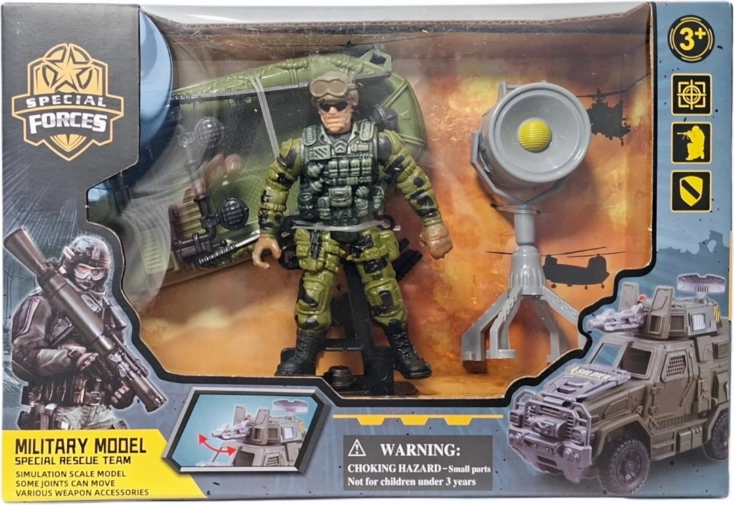 Set militar cu figurina unui soldat, vehicul și accesorii