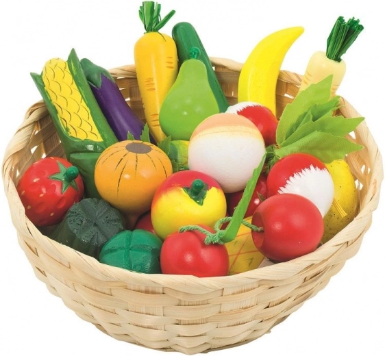 Fructe și legume din lemn în coș