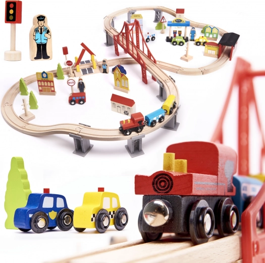 Circuit tren din lemn cu accesorii 70 de piese