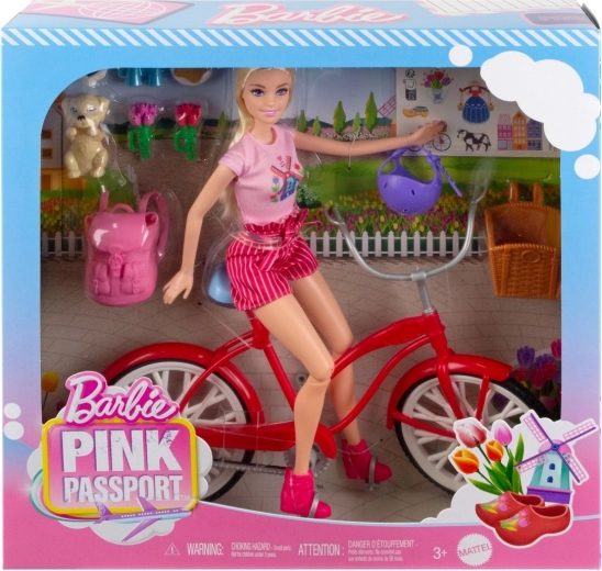 Barbie pe bicicletă cu cățeluș – set de călătorie Pașaport roz