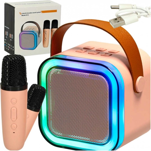 Set karaoke cu difuzor bluetooth, 2 microfoane fără fir și iluminare LED 6 W – roz
