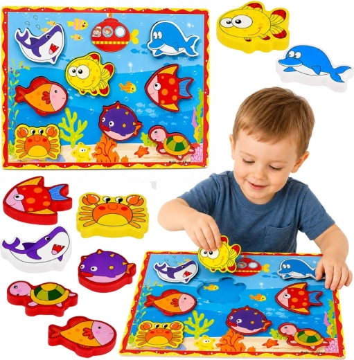 Set de pescuit magnetic din lemn cu animale marine și undiță