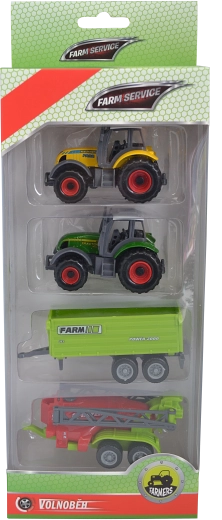 Farm service – set de utilaje agricole 1:64 (2 tractoare, remorcă și pulverizator)