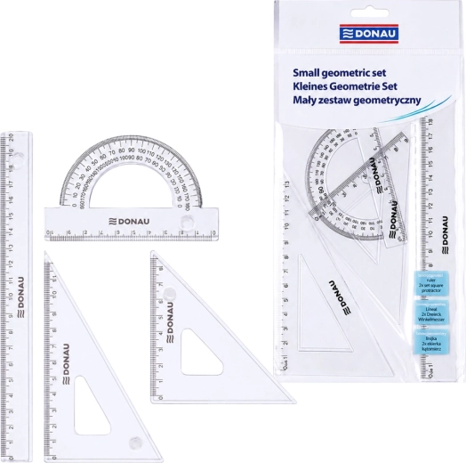 Set geometric mic DONAU cu riglă de 20 cm, echer(e) și raportor, transparent - 1 bucată