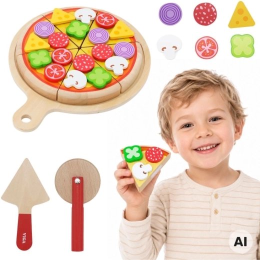 Viga set de pizza din lemn pentru tăiere și servire pentru copii, 27 de piese, 18m+