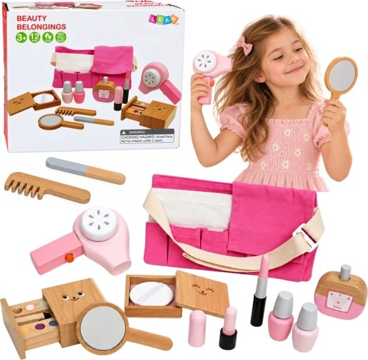 Set de cosmetice din lemn pentru copii, cu trusă de cosmetice, 12 piese