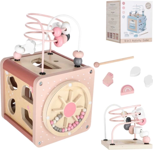 Cub educativ din lemn 5 în 1 cu traseu motric roz