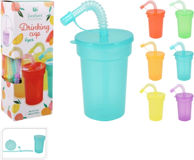 Pahar de plastic cu capac și pai 380 ml, mix de culori, set 6 buc