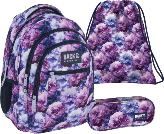 Set școlar BackUP Violet Flowers 3în1 – rucsac, penar și sac