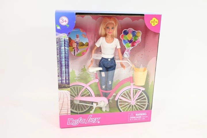Păpușă 29 cm cu bicicletă și coșuleț